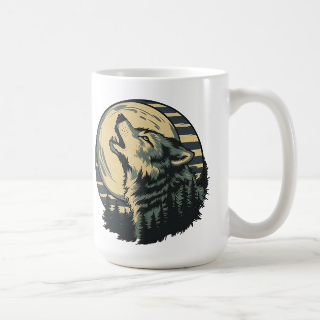 Caneca De Café Arte da Lua Uivante Turquesa do Lobo (Direita)