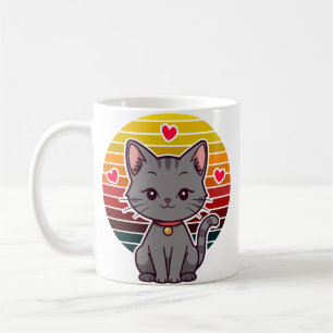 Caneca De Café Arte de Anime do Pôr do Sol Retro Gato Cinza Kawai