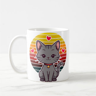 Caneca De Café Arte de Anime do Pôr do Sol Retro Gato Cinza Kawai