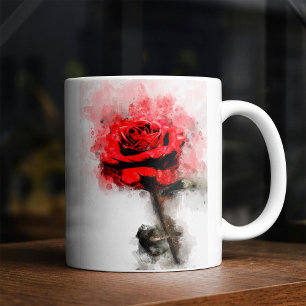 Caneca De Café Arte de Aquarela de Rosa Vermelha em Fundo Branco
