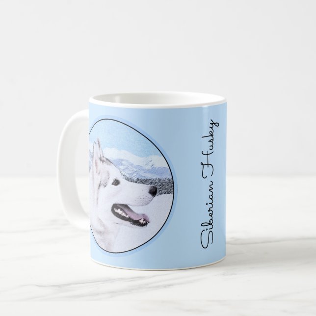 Caneca De Café Arte de Cão Siberiana (Prata e Branca) (Frente Esquerda)