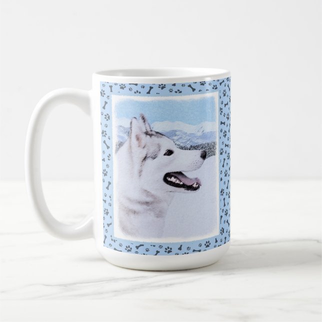 Caneca De Café Arte de Cão Siberiana (Prata e Branca) (Esquerda)