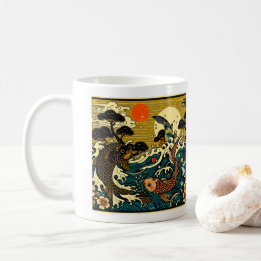 Caneca De Café Arte de duas carpas japonesas em xilogravura com p