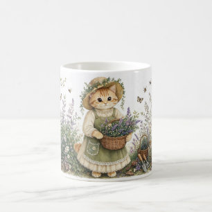 Caneca De Café Arte de Jardim de Lavanda de Cottagecore Gatinho