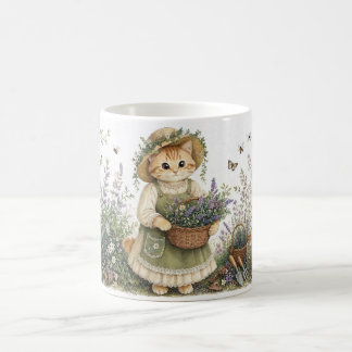 Caneca De Café Arte de Jardim de Lavanda de Cottagecore Gatinho