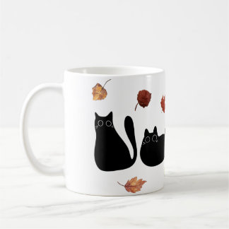 Caneca De Café Arte de Linha de Gato Whimsso com Folhas de Outono