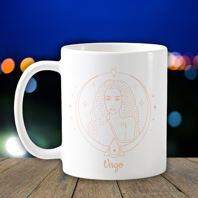 Caneca De Café Arte de Linha do Zodíaco de Virgem Branco Pêssego (Criador carregado)