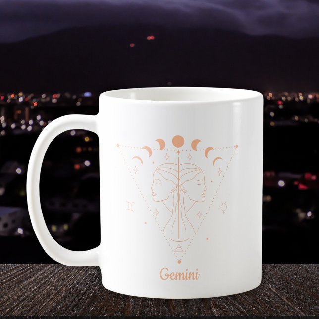 Caneca De Café Arte de Linha do Zodíaco Gêmeos Branco Pêssego (Criador carregado)