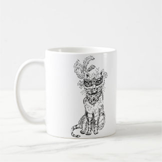Caneca De Café Arte de linha preta de gato mascarado de Halloween
