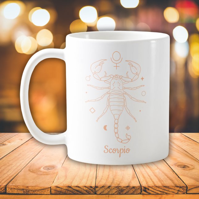 Caneca De Café Arte de Linha Zodíaco Escorpião Branco Pêssego (Criador carregado)