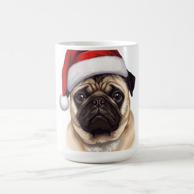 Caneca De Café Arte de Natal Alegre com Cachorro Pug usando Chapé (Centro)