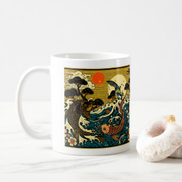 Caneca De Café Arte de Ondas de Peônia com Carpa Dourada em Xilog