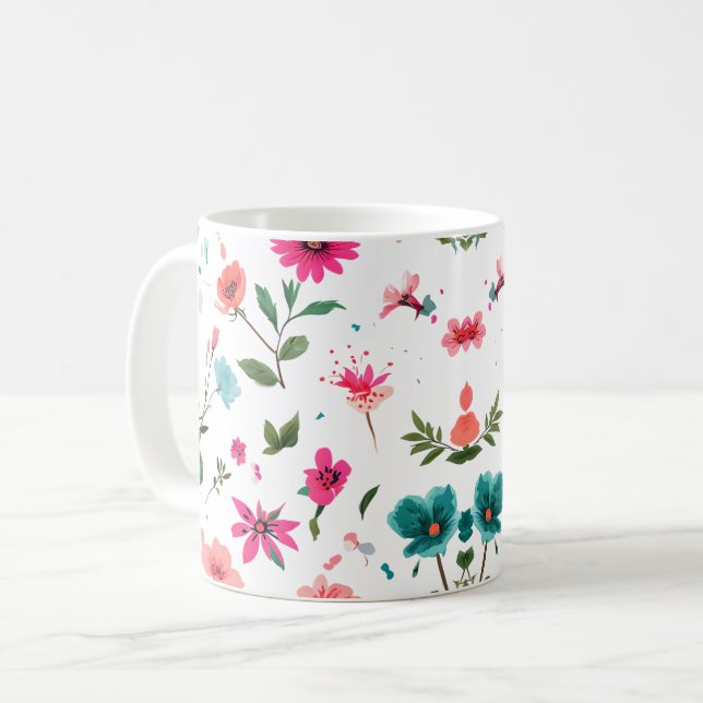 Caneca De Café Arte de Padrão Floral Vibrante (Frente Esquerda)