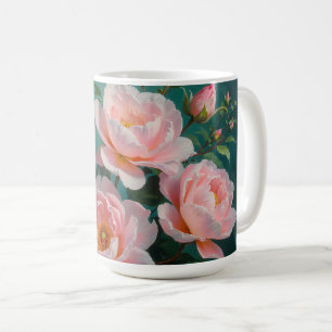 Caneca De Café Arte de Peônias Rosa em Verde Esmeralda