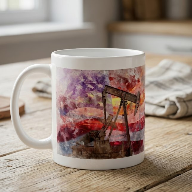 Caneca De Café Arte de pôr do sol em aquarela de Pumpjack Patriót (Patriotic Pumpjack Watercolor Sunset Art. Coffee Mug)