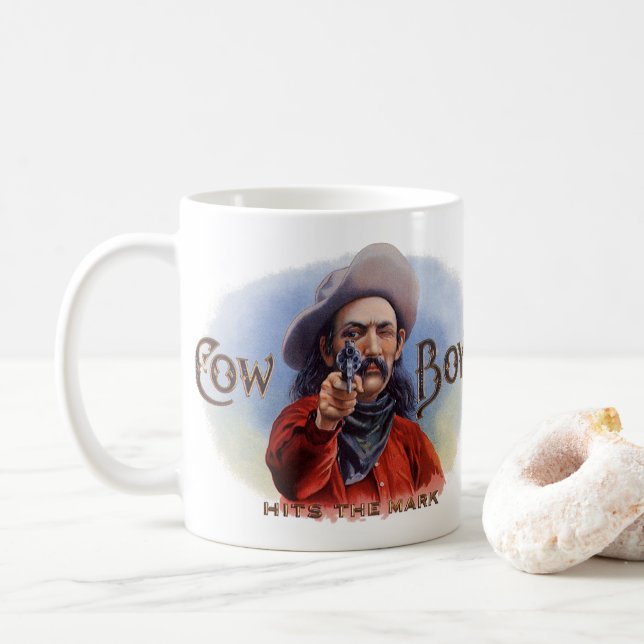Caneca De Café Arte de Rótulo de Charuto Antigo, Cowboy Acerta o  (Com Donut)