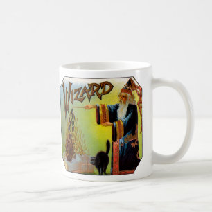 Caneca De Café Arte de rótulo de charuto vintage, mago com gato p
