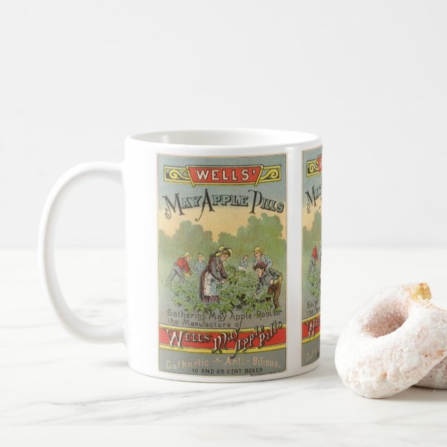 Caneca De Café Arte de rótulo de produto vintage, pílulas de May  (Com Donut)