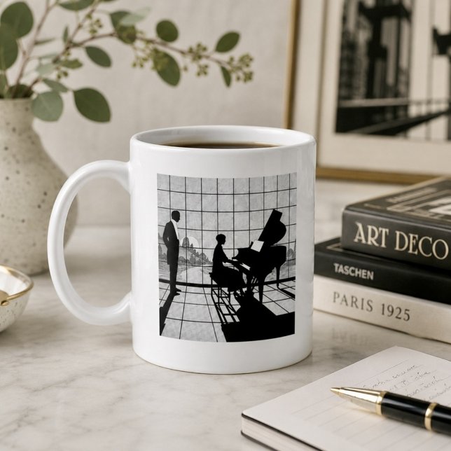 Caneca De Café Arte de Silhueta de Piano Estilo Art Déco | Preto  (Criador carregado)
