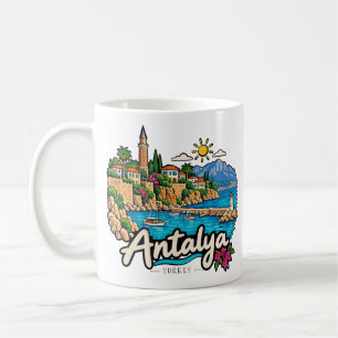 Caneca De Café Arte de Viagem Desenhada à Mão de Antalya Turquia