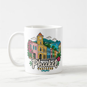 Caneca De Café Arte de Viagem do Marco Desenhado à Mão Phuket Tai