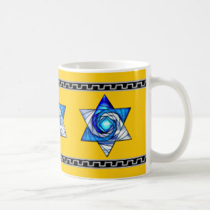 Caneca De Café Arte Deco em Vidro Manchado Azul Magen David em Am
