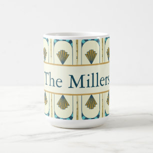 Caneca De Café Arte Deco Personalizada em Verde Água e Dourado Ge