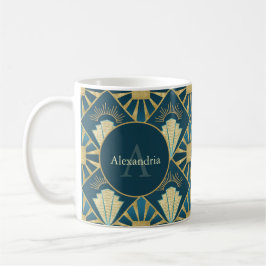 Caneca De Café Arte Deco Personalizada Nome & Monograma Azul Turq