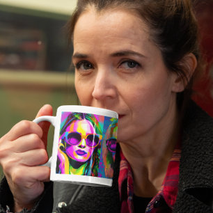Caneca De Café Arte Digital Abstrata Colorida Mulheres de Óculo