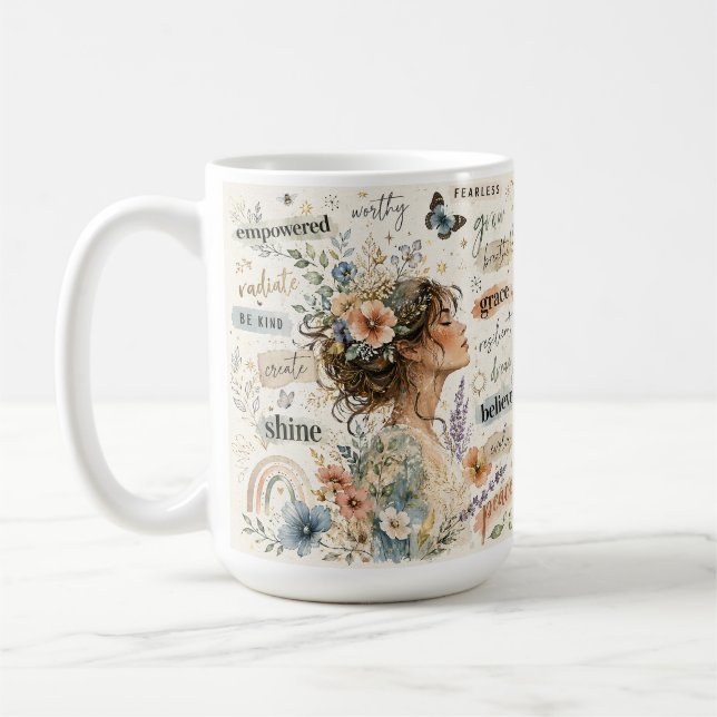 Caneca De Café Arte em aquarela de afirmação floral empoderada (Esquerda)