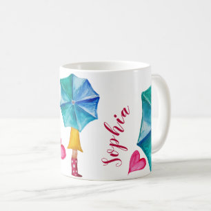 Caneca De Café Arte em Aquarela de Garota com Guarda-Chuva Person
