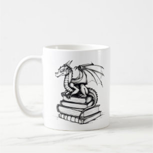 Caneca De Café Arte em Linha de Dragões e Livros