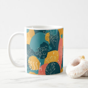 Caneca De Café Arte Excêntrica Funky Retro em Verde Água e Amarel