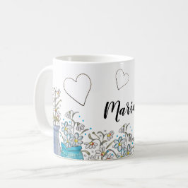 Caneca De Café Arte Floral Boho Azul Turquesa Fofa