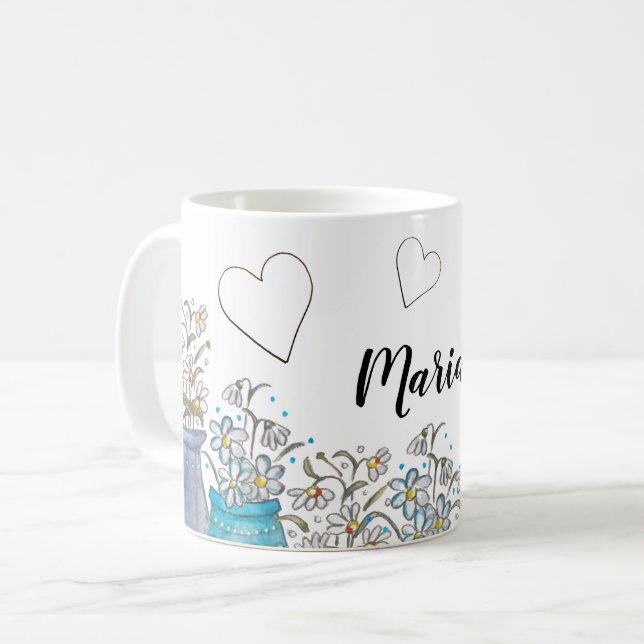 Caneca De Café Arte Floral Boho Azul Turquesa Fofa (Frente Esquerda)