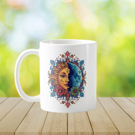 Caneca De Café Arte Floral Boho Sol e Lua Psicodélico