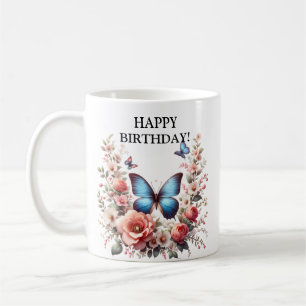 Caneca De Café Arte Floral de Borboleta Azul Personalizável-96279