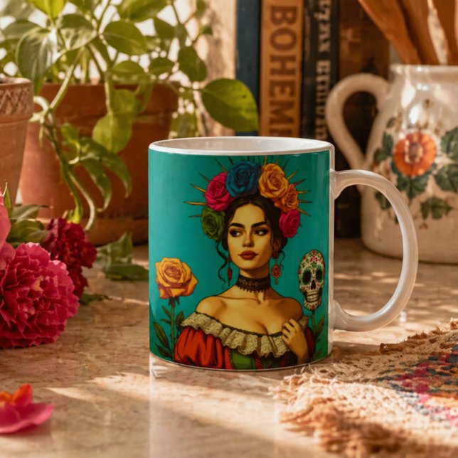 Caneca De Café Arte Floral de Retrato Inspirada em Frida (Criador carregado)