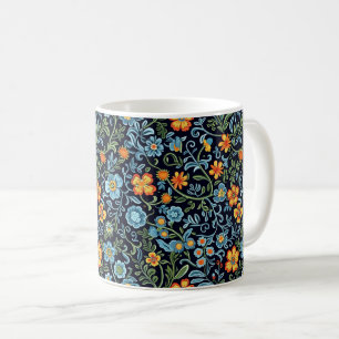 Caneca De Café Arte Floral Intrincado: Flores Azuis e Laranjas