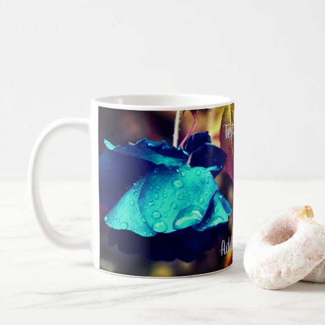Caneca De Café Arte Floral Rosa Azul Personalizada (Com Donut)