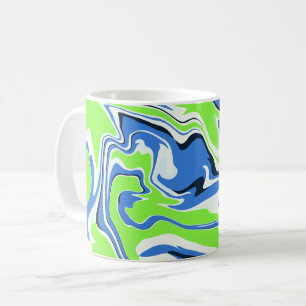Caneca De Café Arte Fluida Abstrata com Ondas Azuis e Verdes