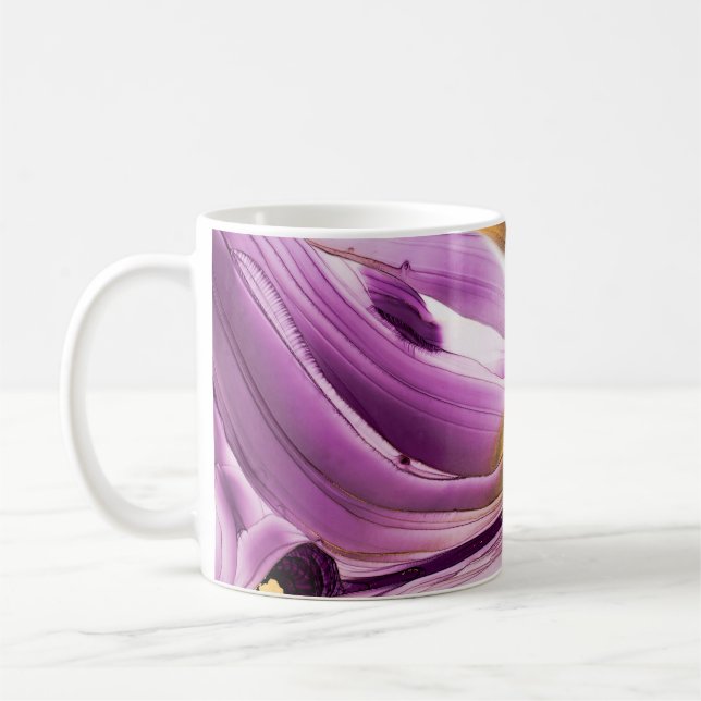 Caneca De Café Arte fluida, textura dourada lilás marmoreada. (Esquerda)