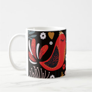 Caneca De Café Arte Folclórica Escandinava: Aves Coloridas.