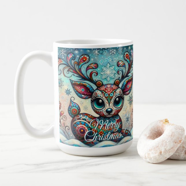 Caneca De Café Arte Foliar de Natal Whimsical Big Eyes (Com Donut)