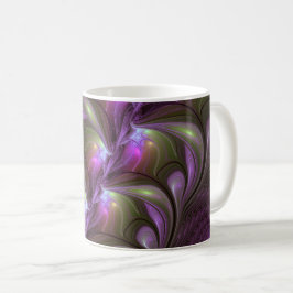 Caneca De Café Arte Fractal de Khaki, Abstrato violeta e colorida