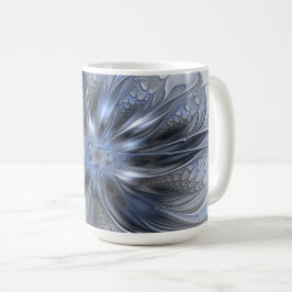 Caneca De Café Arte fractal floral abstrata em aquarela cinza azu