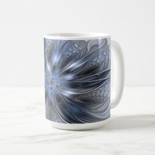 Caneca De Café Arte fractal floral abstrata em aquarela cinza azu