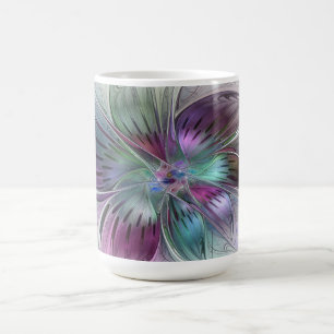 Caneca De Café Arte fractal floral moderna flor abstrata colorida