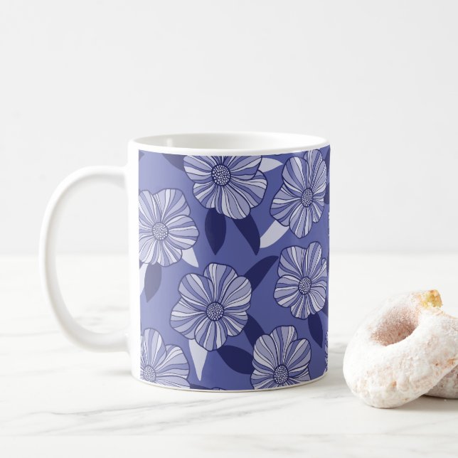 Caneca De Café Arte Linear Floral Roxo Botânico (Com Donut)