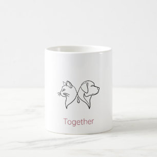 Caneca De Café Arte Linear Minimalista de Gato e Cachorro